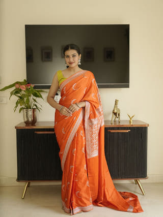 Orange Banarasi Silk Saree With Zari Border