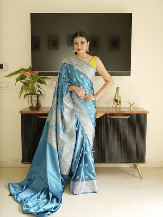 Blue Banarasi Silk Saree With Zari Border