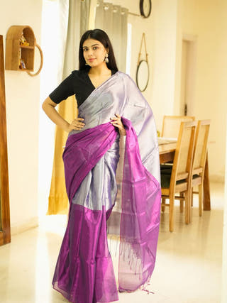 Moonlit Blush Pink & Silver Glass Finish Tissue Saree