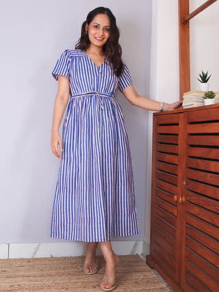 Rhea Striped Fit-and-Flare Cotton Dress Sivaka India White