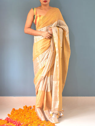 Pure Cotton Saree Zari Stripes Yellow OCAU