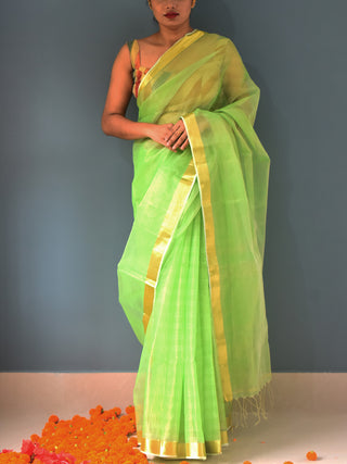 Handloom Muslin Saree Zari Border Pistachio Green OCAU