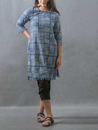 Cane Printed Kurti Indigo - Khadi Cotton Kurta for women in Blue color