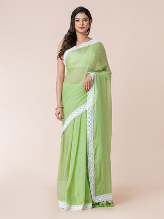Pista Pop Pure Cotton Solid Saree With Lace Border  Without Blouse Piece