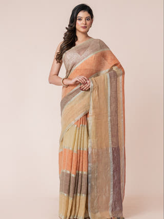 Meadow Mist Pure Linen Multicolor Saree  Without Blouse Piece