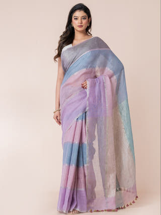 Cupcake Clouds Pure Linen Multicolor Saree  Without Blouse Piece