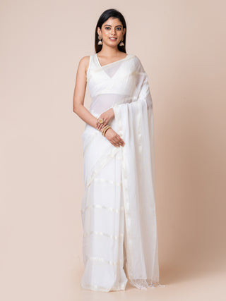 Gleam & Glam | Pure Cotton Saree With Zari Stripes | White Ocau