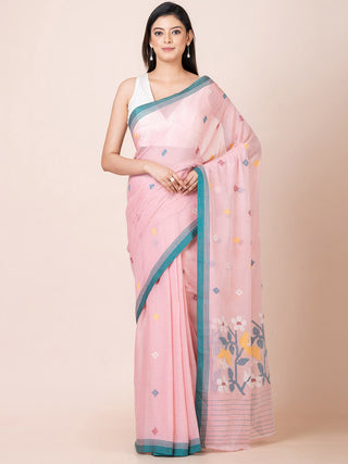 Cotton Saree With Jamdani Motifs Pink OCAU