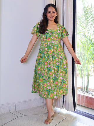 Emily Floral HandBlock Print Cotton Midi Dress