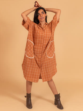 Moral Fibre Beach Dress With Patch Pockets In Check Fabric Moral Fibre Beige checks on Brown
