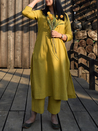 Handwoven Checks Tunic Set With Yoke And Pyjama Yellow House Of Moxa