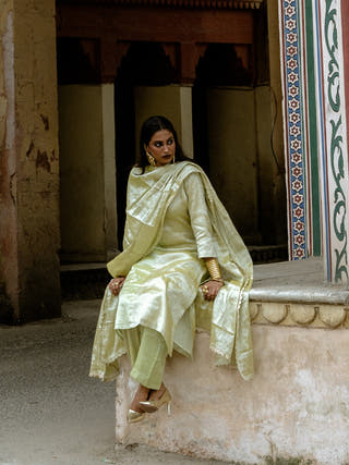 Akshata Neon Green And Neon Yellow Handloom Tissue Kurta Pant Set With Dupatta