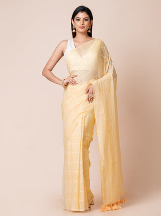 Pure Cotton Checkered Saree | Yellow Ocau