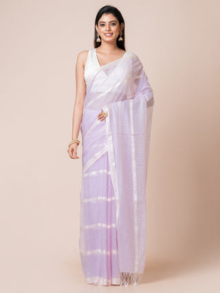 Gleam & Glam | Pure Cotton Saree With Zari Stripes | Lavender Ocau