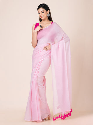 Pure cotton solid saree with tassels l Pink Ocau