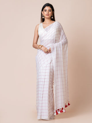 Pure Cotton Checkered Saree | White And Red Ocau