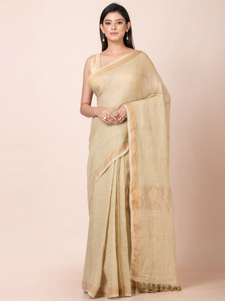 Linen Solid Saree with Zari Cream OCAU