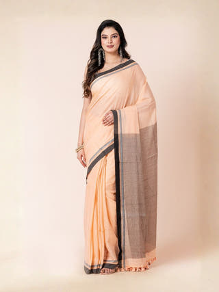 Beige Pop Stripes Pure Cotton Saree With Jacquard Border | Beige & Black