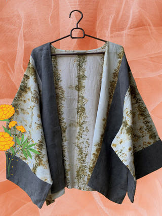 Ecoprinted Handwoven Breezy Jacket Yellow & Grey - Organic Cotton Jumpsuit for women in off White color