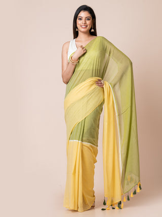 Pure Cotton Solid  Saree With Tassels | Yellow And Green Ocau