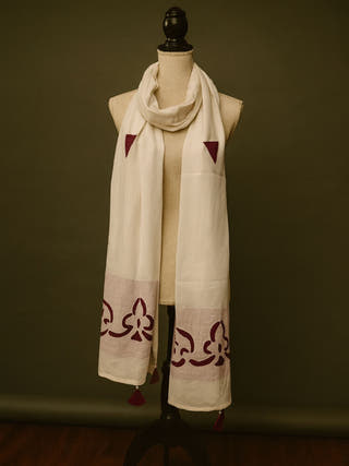Hand Applique Cotton Stole | White