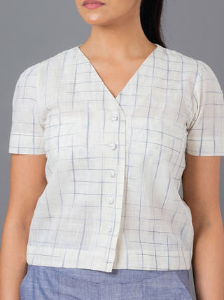 Disappearing Check Button Down Top Blue Ocau