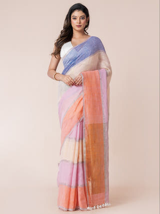 Macaron Magic Pure Linen Multicolor Saree  Without Blouse Piece