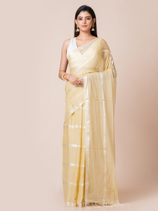 Gleam & Glam | Pure Cotton Saree With Zari Stripes |  Pastel Yellow Ocau