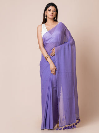 Pure Cotton Solid Saree With  Contrast Tassels | Purple Ocau