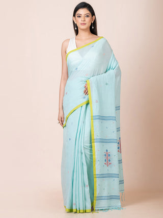 Cotton Saree With Jamdani Motifs Blue OCAU