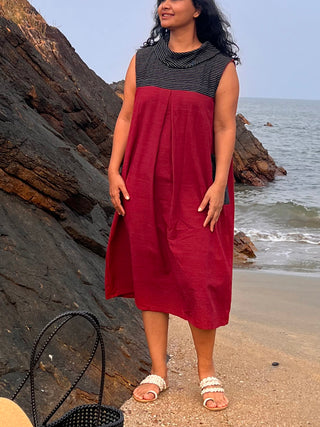 Natural Dye Cowl Neck Handloom Dress  Maroon KRUSHNACHUDA