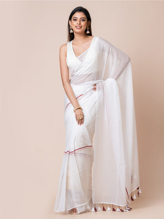 Pure Cotton Solid  Saree With Tassels | White Ocau