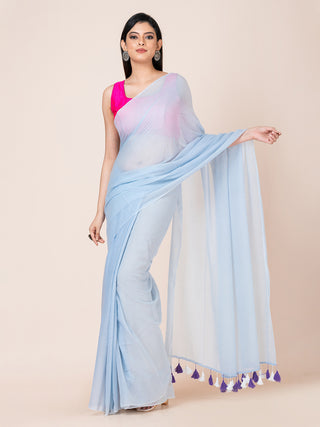 Pure cotton solid saree with tassels l Sky Blue Ocau