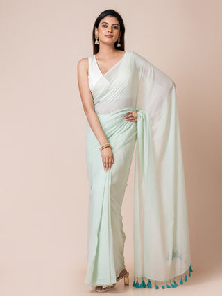 Pure Cotton Solid Saree With Contrast Tassels | Light Aqua Ocau