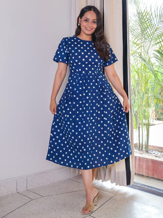 Stella Indigo Handblock Print Cotton Midi Dress