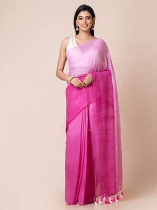 Pure Cotton Solid Shaded Saree With Tassels | Magenta Ocau