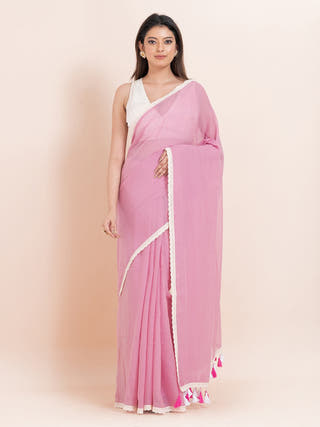 Blush Bloom Pure Cotton Solid Saree With Lace Border Ocau 