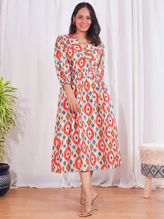 cotton midi dress india Hand Block Printed Cotton Midi Dress: White & Blue Floral Mughal Design Handmade In INDIA