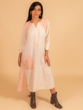 Moral Fibre  Side Kali Dress In Stripes And Kora Fabric Moral Fibre Ecru & Peach