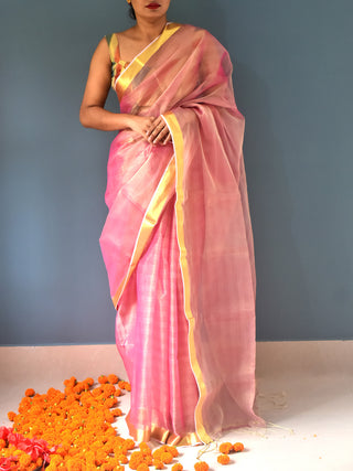 Handloom Muslin Saree Zari Border Pink OCAU