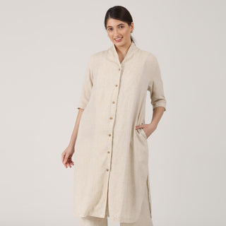 Linen & Organic Cotton Solid Slip Top With Long Shirt And Wide Leg Pant 3-Piece Co-Ord Set - Linen & Organic Cotton coord set for women in Beige & Autumn Rust color