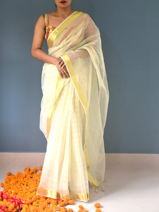 Handloom Muslin Saree Zari Border Off white OCAU