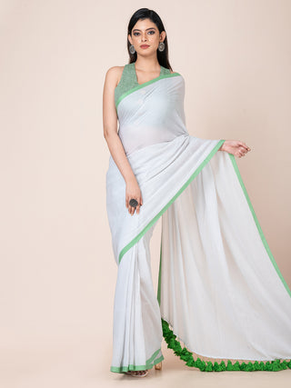 Pure cotton solid saree with contrast border and contrast tassels l Fog Grey Ocau