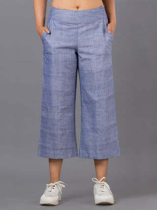 Wide Leg Solid Cropped Pant Blue Ocau