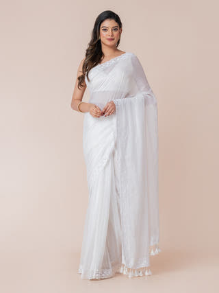 Whimsy White Pure Cotton Solid Saree With Lace Border  Without Blouse Piece