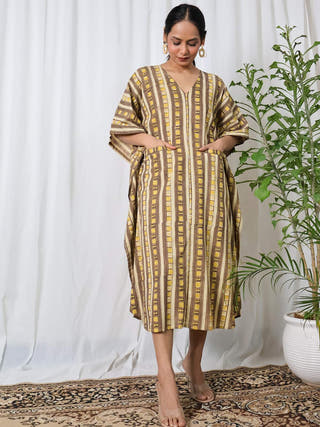 Siona Ajrakh Kaftan Dress Sivaka India Cream