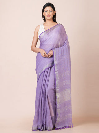 Linen Solid Saree with Zari Purple OCAU