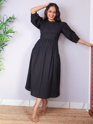 Mira Black Cotton Dress Sivaka India Black