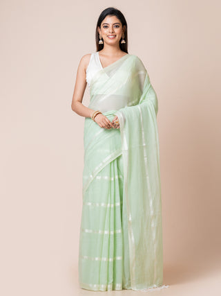 Gleam & Glam | Pure Cotton Saree With Zari Stripes | Light Turquoise Ocau