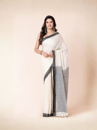 Smoky Sprinkles Pure Cotton Saree With Jacquard Border | Off-White & Black